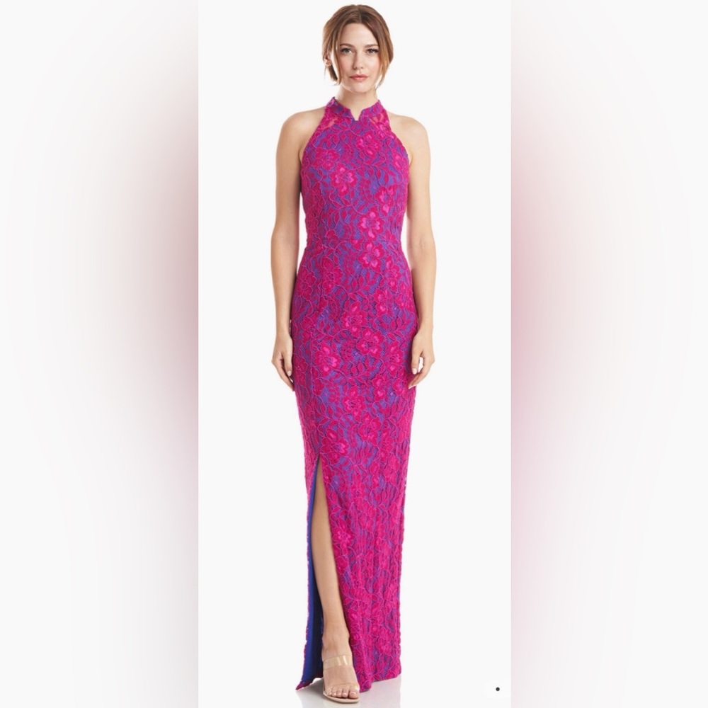 JS Collections Embroidered Mesh Collared Neckline Sleeveless Column Molly Gown